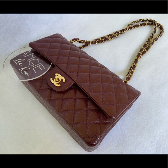 SOLD 15B CHANEL Classic Medium Double Flap Burgundy Caviar Brush Matte Gold HWR - Picture 3 of 16